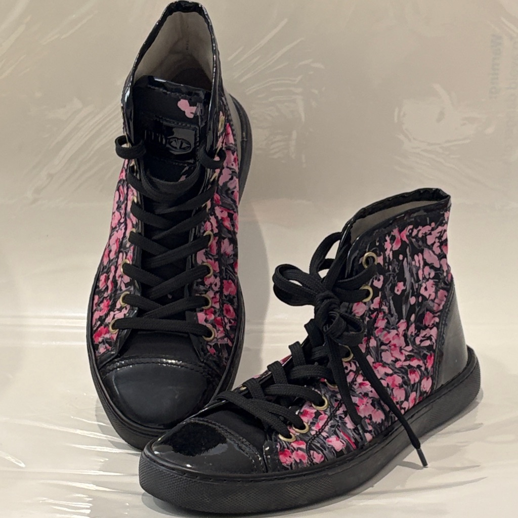 Red Valentino Pink Floral And Black Patent Leather Lace-Up High Top Sneakers